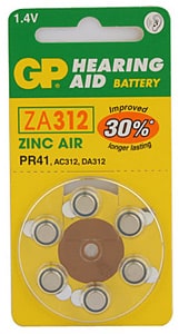 6 סוללות למכשיר שמיעה דגם ZA312 תוצרת GP