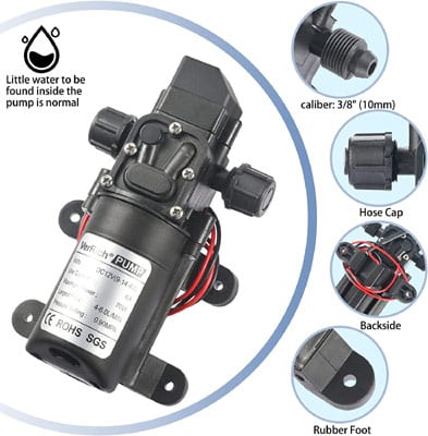 משאבת מים דיאפרגמה 12V 72W עד 6 ליטר/דקה 0.9 MPA 131 PSI לקרוואן קמפינג סירה גינה VerRich גודל משאבת מים מיקרו: אורך 16*10*6 ס"מ; זרם אספקת חשמל: 5-6 אמפר; הספק נקוב: 70 וואט; זרימת מים כללית היא 3.5-4 ליטר/דקה; זרימת מים מקסימלית היא 6 ליטר/דקה. משאבת מים דיאפרגמה 12V 72W עד 6 ליטר/דקה 0.9 MPA 131 PSI לקרוואן קמפינג סירה גינה
