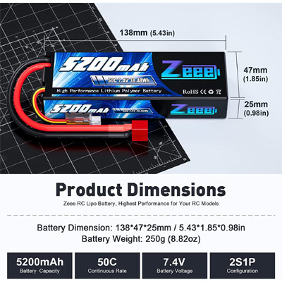 סוללת ליפו פולימר Zeee 2S Lipo Battery 5200mAh 7.4V 50C