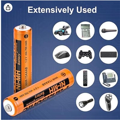 ארבע סוללות נטענות HHR-75AAA/B לטלפונים אלחוטיים של פנסוניק ולכל מטרה ניקל מיטל-הידריד 4 סוללות נטענות Panasonic Ni-MH HHR-75AAAB לכל הטלפונים המשתמשים בסוללות נטענות AAA בהספק הכי גבוה של פנסוניק 700 מילאמפר. סוללה מצויינת לכל הטלפונים האלחוטיים של פנסוניק וגם של יצרנים אחרים ארבע סוללות נטענות HHR-75AAA/B לטלפונים אלחוטיים של פנסוניק ולכל מטרה ניקל מיטל-הידריד